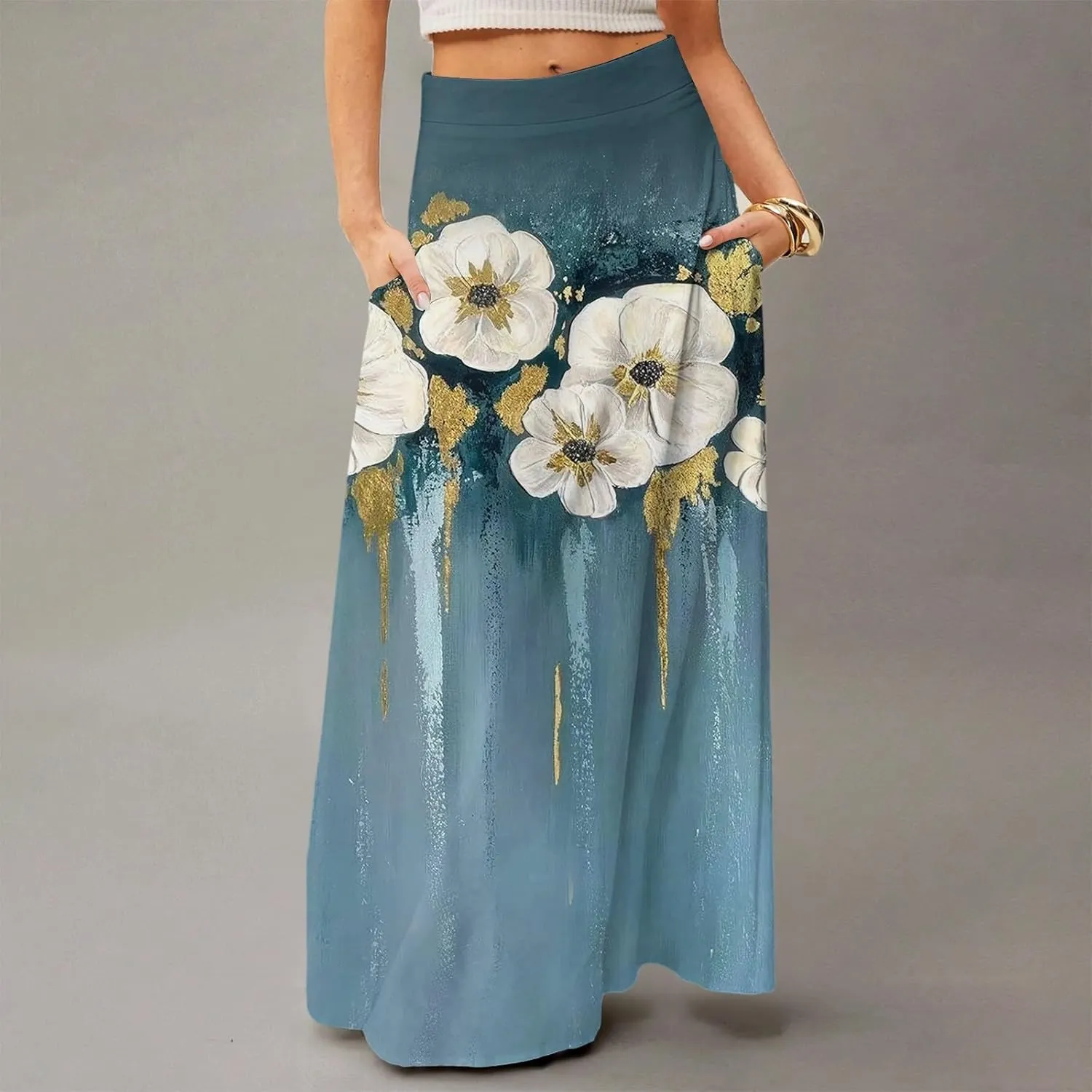 Midi Skirts for Women Summer High Waisted Pleated A-Line Swing Floral Long with Pockets