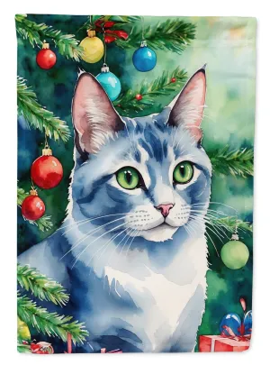 Ojos Azules Cat By the Christmas Tree House Flag
