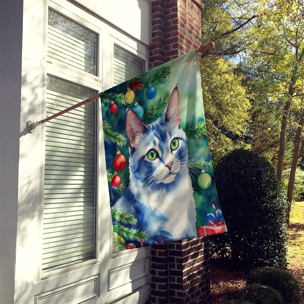 Ojos Azules Cat By the Christmas Tree House Flag