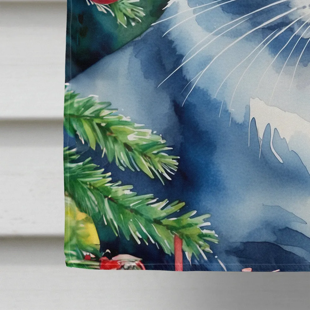 Ojos Azules Cat By the Christmas Tree House Flag