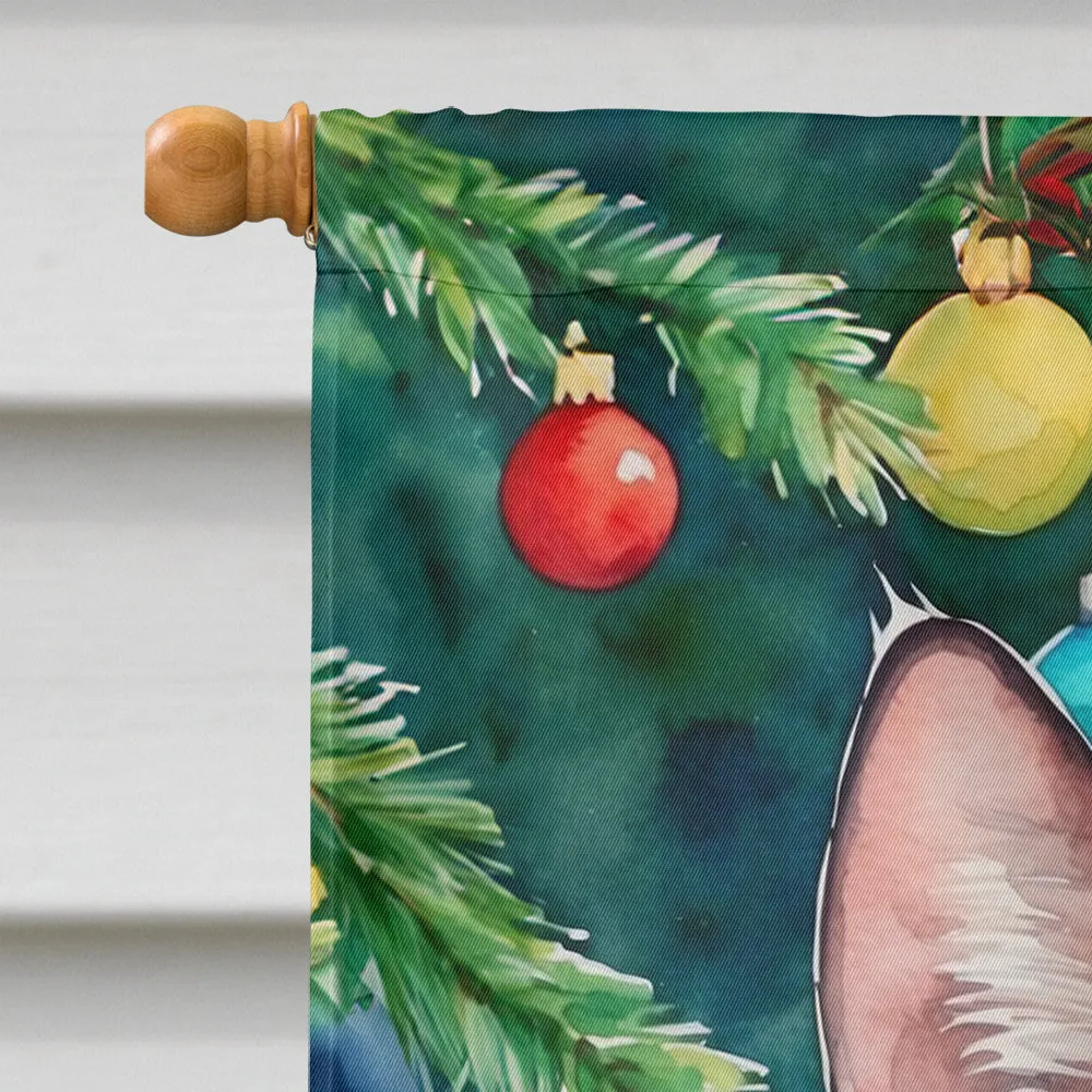 Ojos Azules Cat By the Christmas Tree House Flag