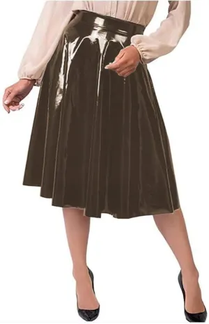 Plus Size PVC Skirts High Waist Knee Length Solid Pleated Skirt A Line Shiny Office Lady Gothic Stretch Midi Skirt Faldas