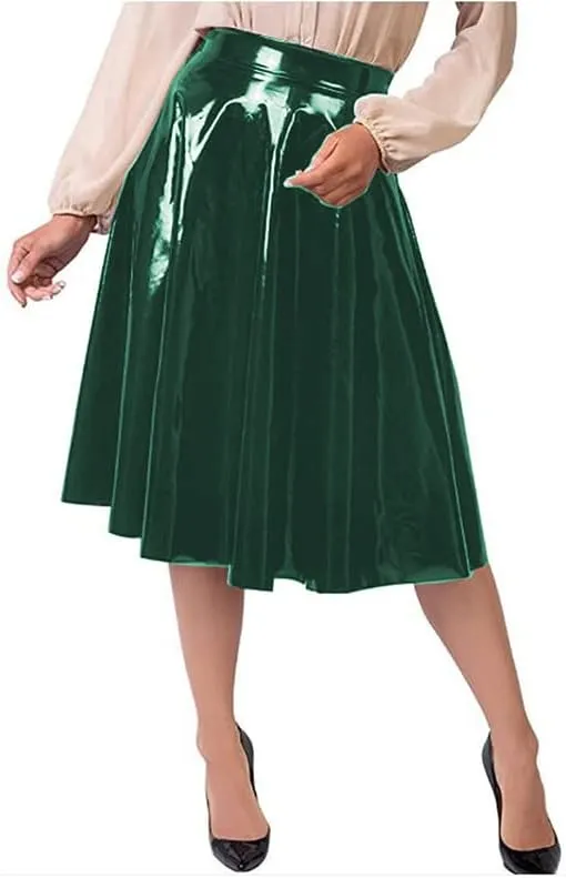 Plus Size PVC Skirts High Waist Knee Length Solid Pleated Skirt A Line Shiny Office Lady Gothic Stretch Midi Skirt Faldas