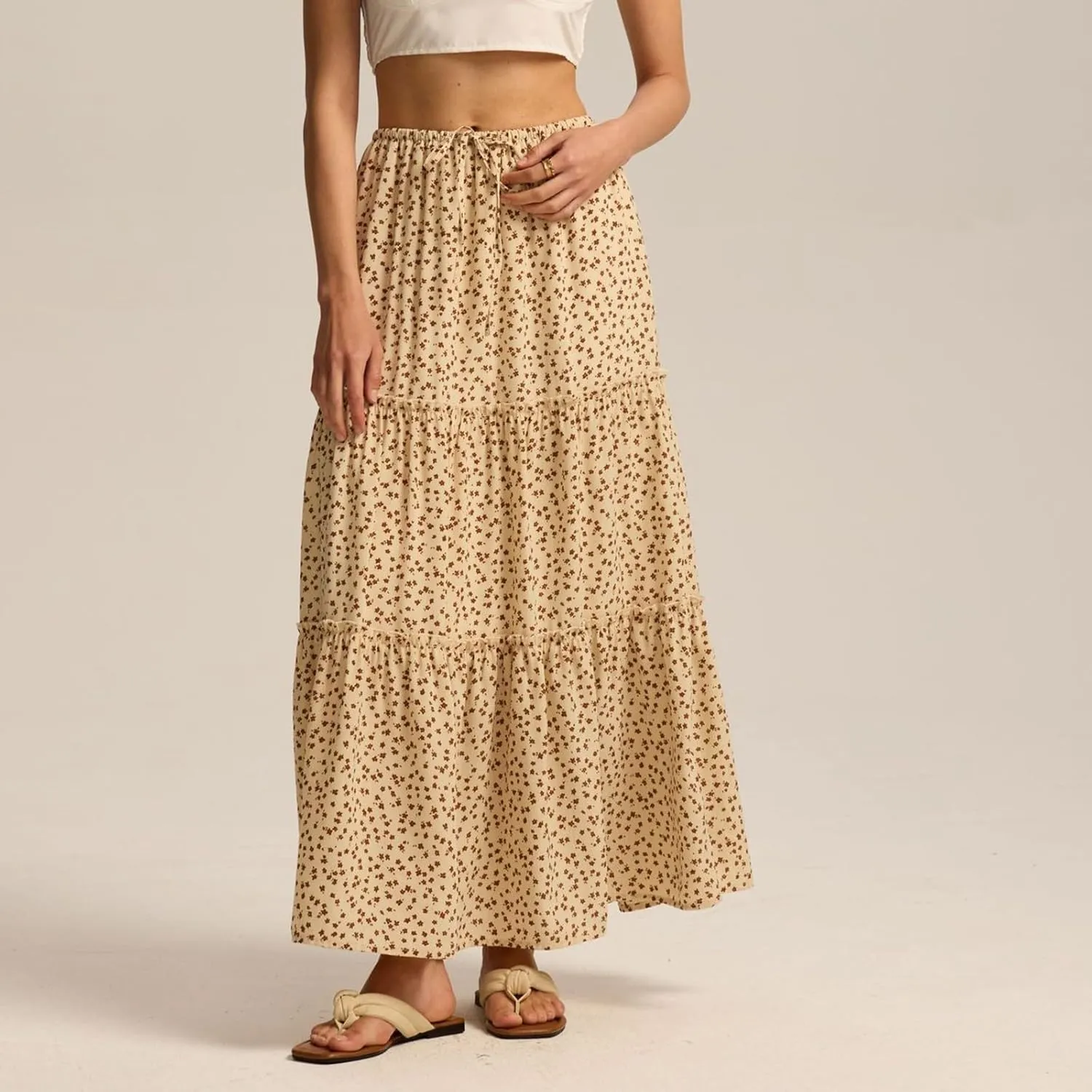 Skirts for Women High Elastic Waist Midi Skirt Casual Summer Tie Front Flowy Ruffle Floral Print Skirts