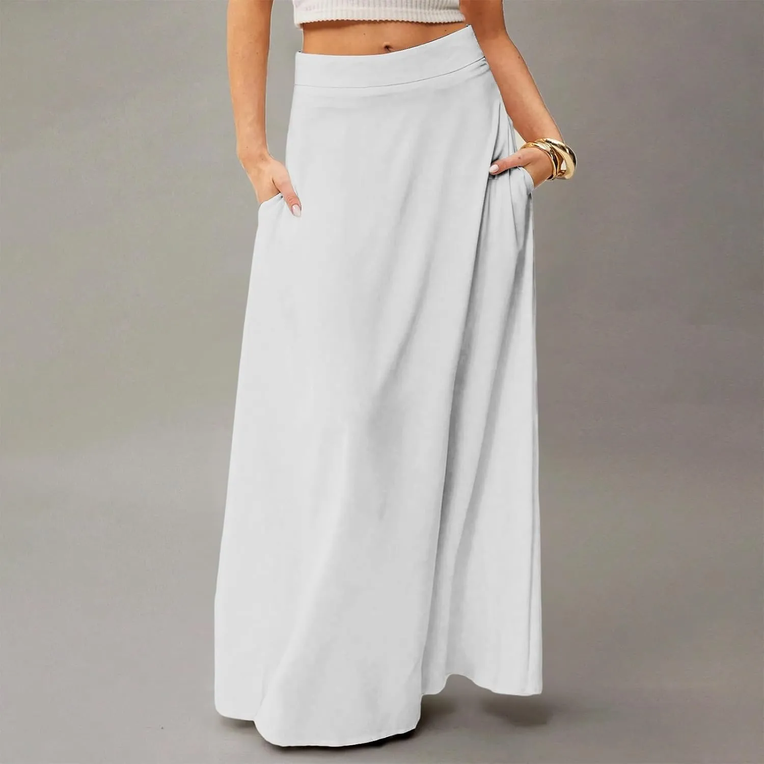 Skirts for Women Midi Length High Waisted Pleated A-Line Summer Swing Long Work Office with Pockets
