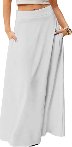 Skirts for Women Midi Length High Waisted Pleated A-Line Summer Swing Long Work Office with Pockets