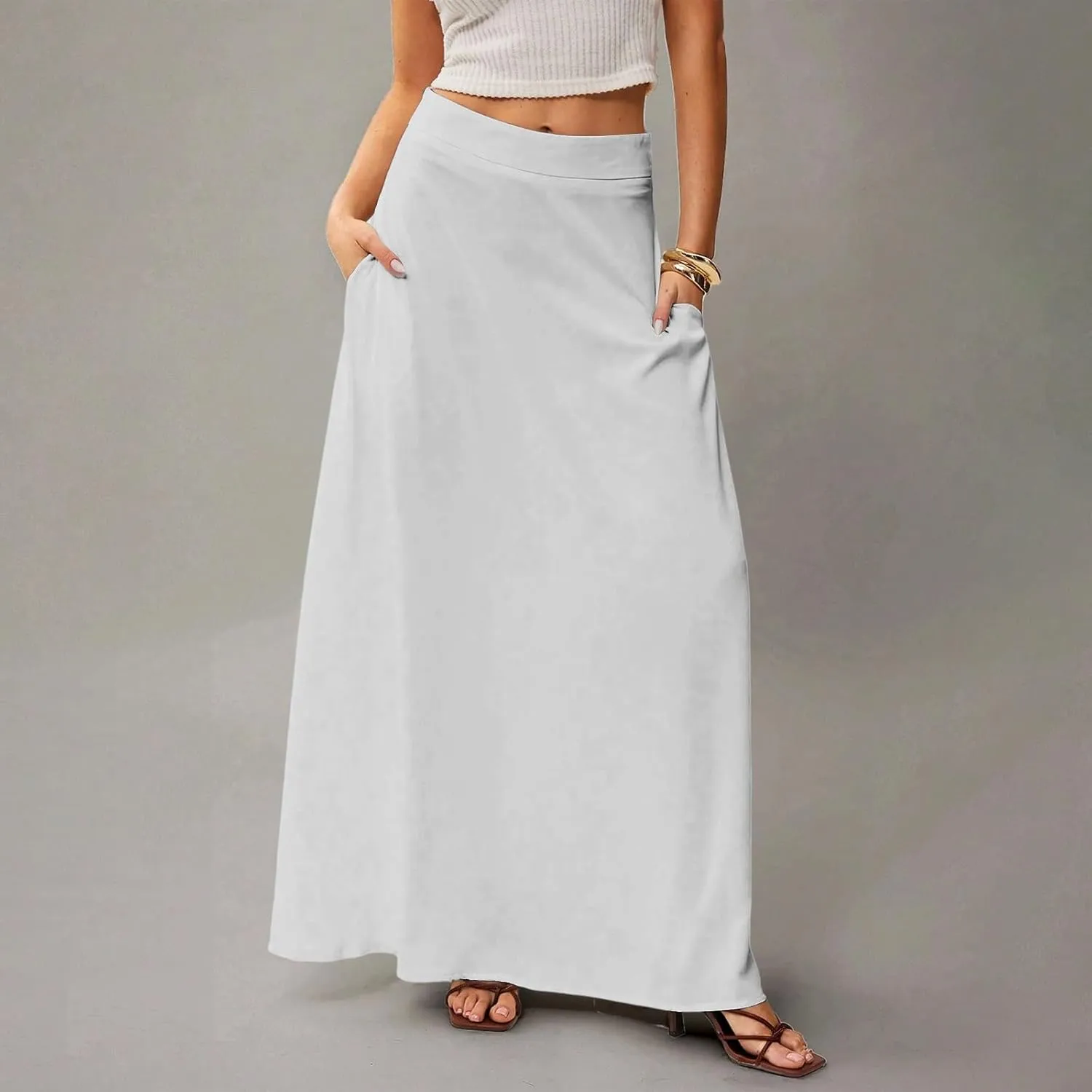 Skirts for Women Midi Length High Waisted Pleated A-Line Summer Swing Long Work Office with Pockets