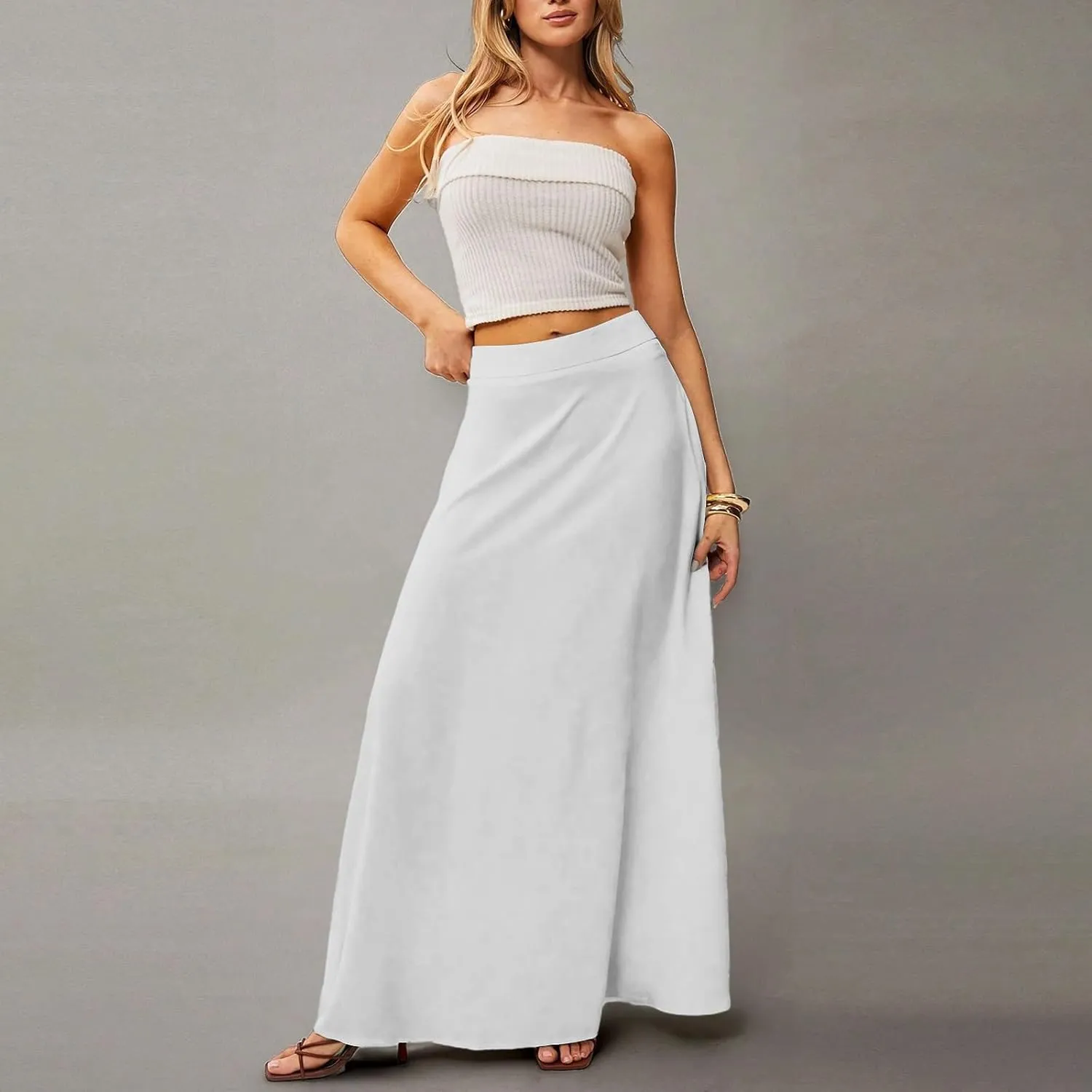 Skirts for Women Midi Length High Waisted Pleated A-Line Summer Swing Long Work Office with Pockets