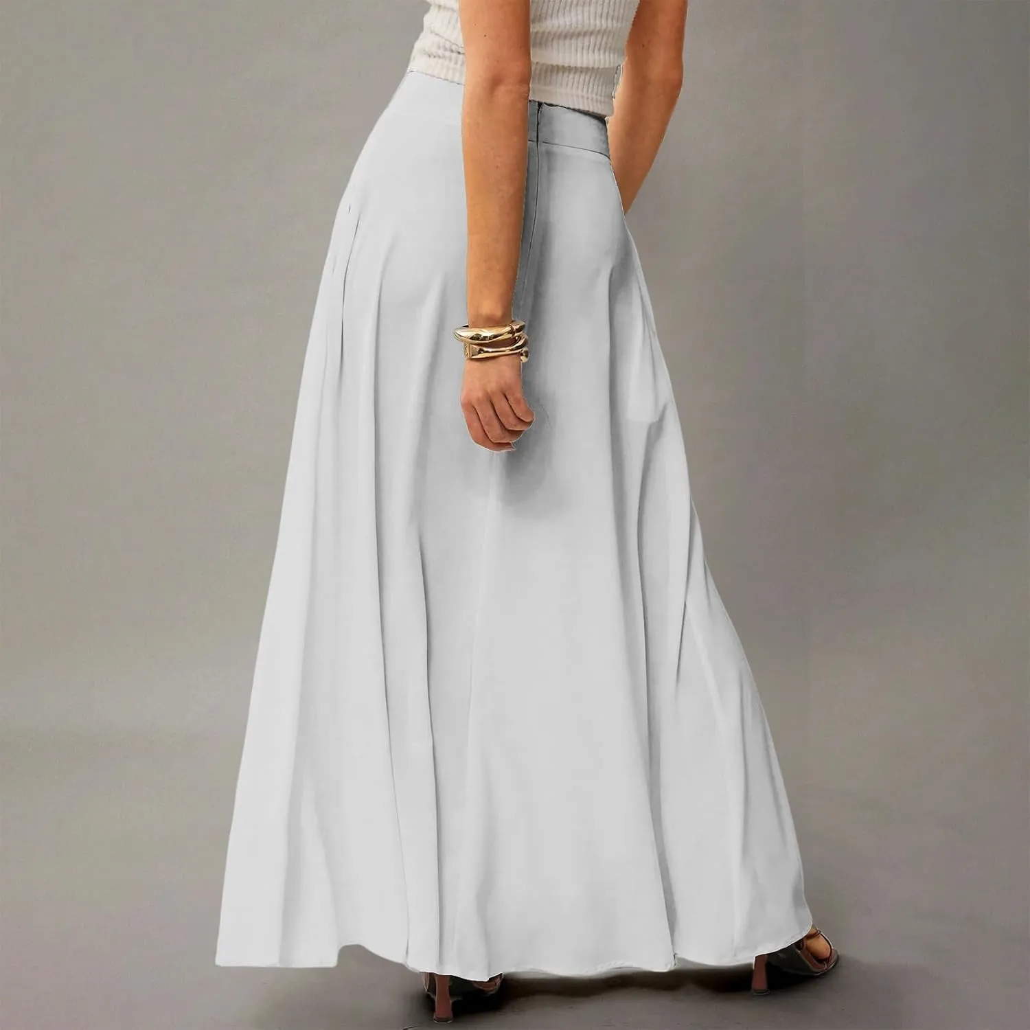 Skirts for Women Midi Length High Waisted Pleated A-Line Summer Swing Long Work Office with Pockets