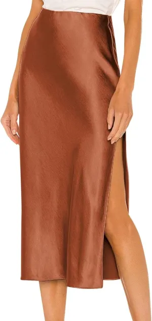 Slit Skirt for Women Soild Silk Satin Midi Skirt High Waisted Elasticized Waistband A-Line Skirt Elegant Swing Cocktail Skirt
