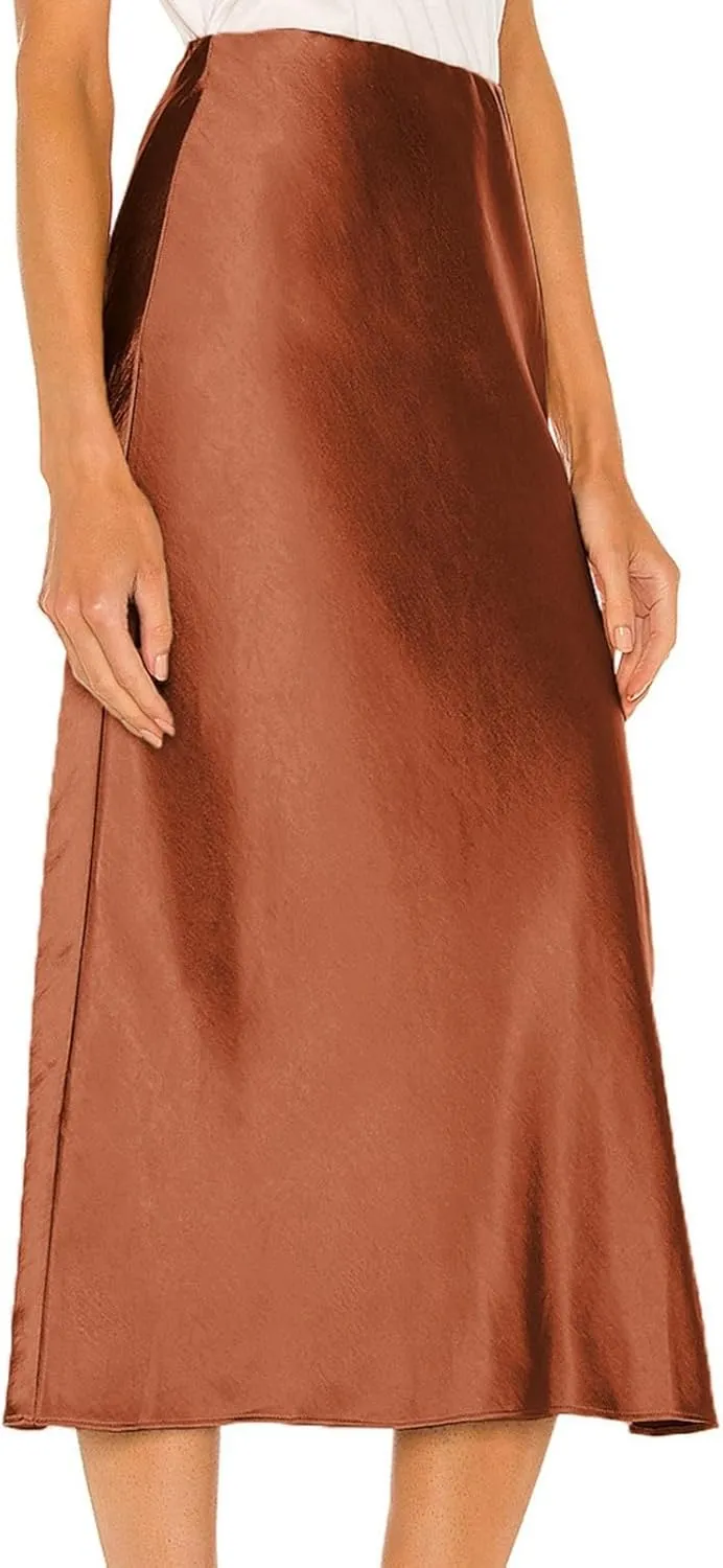 Slit Skirt for Women Soild Silk Satin Midi Skirt High Waisted Elasticized Waistband A-Line Skirt Elegant Swing Cocktail Skirt
