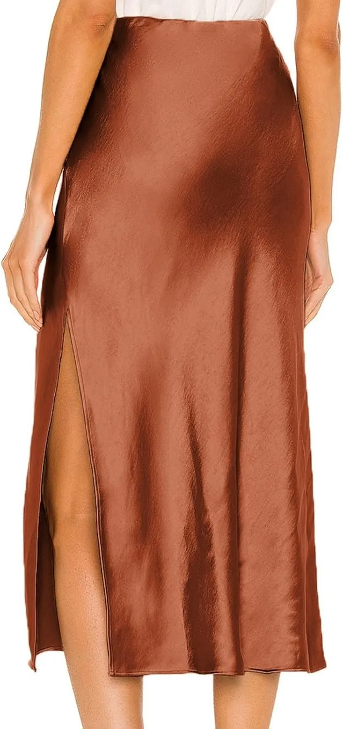 Slit Skirt for Women Soild Silk Satin Midi Skirt High Waisted Elasticized Waistband A-Line Skirt Elegant Swing Cocktail Skirt