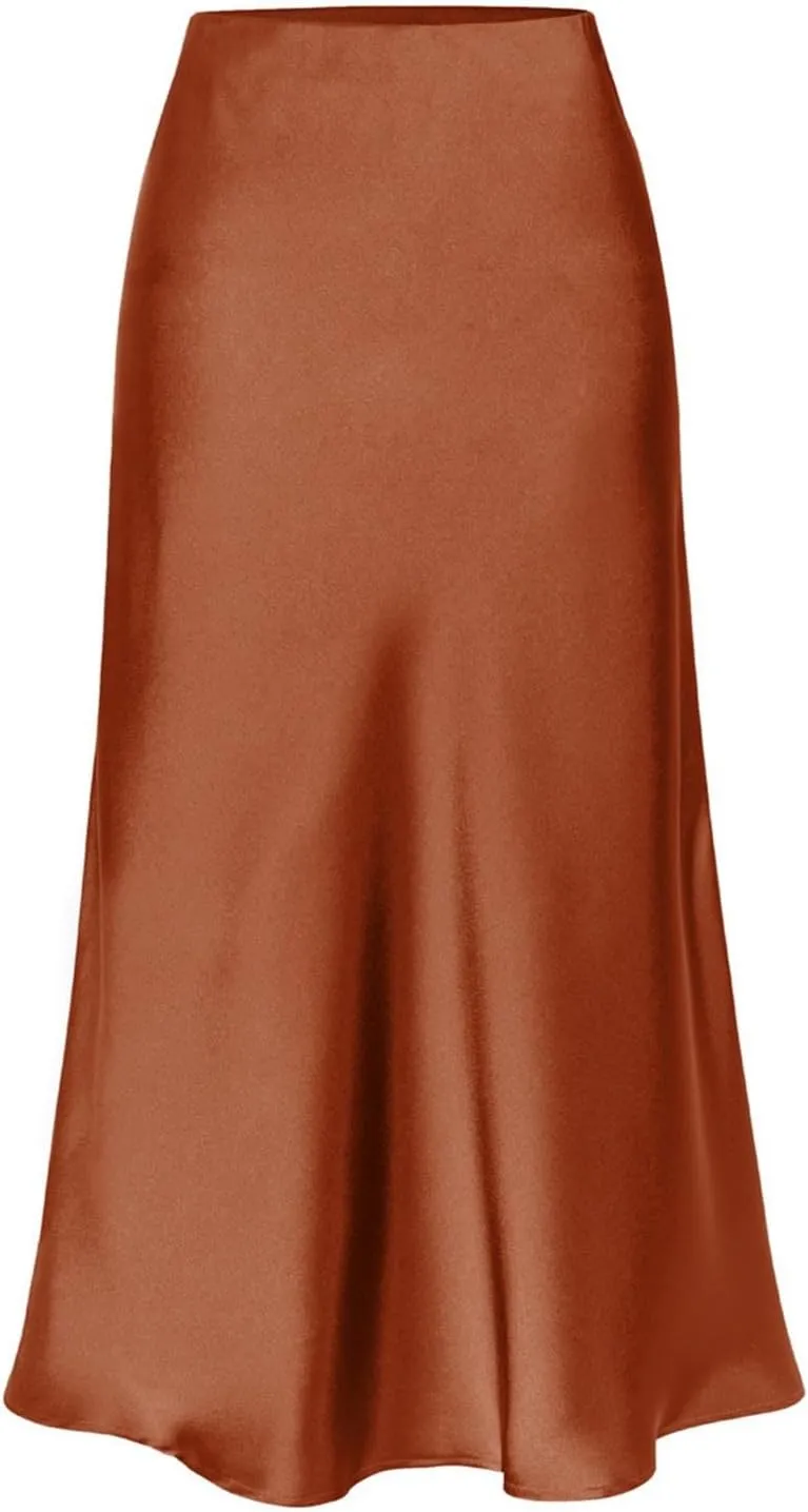 Slit Skirt for Women Soild Silk Satin Midi Skirt High Waisted Elasticized Waistband A-Line Skirt Elegant Swing Cocktail Skirt