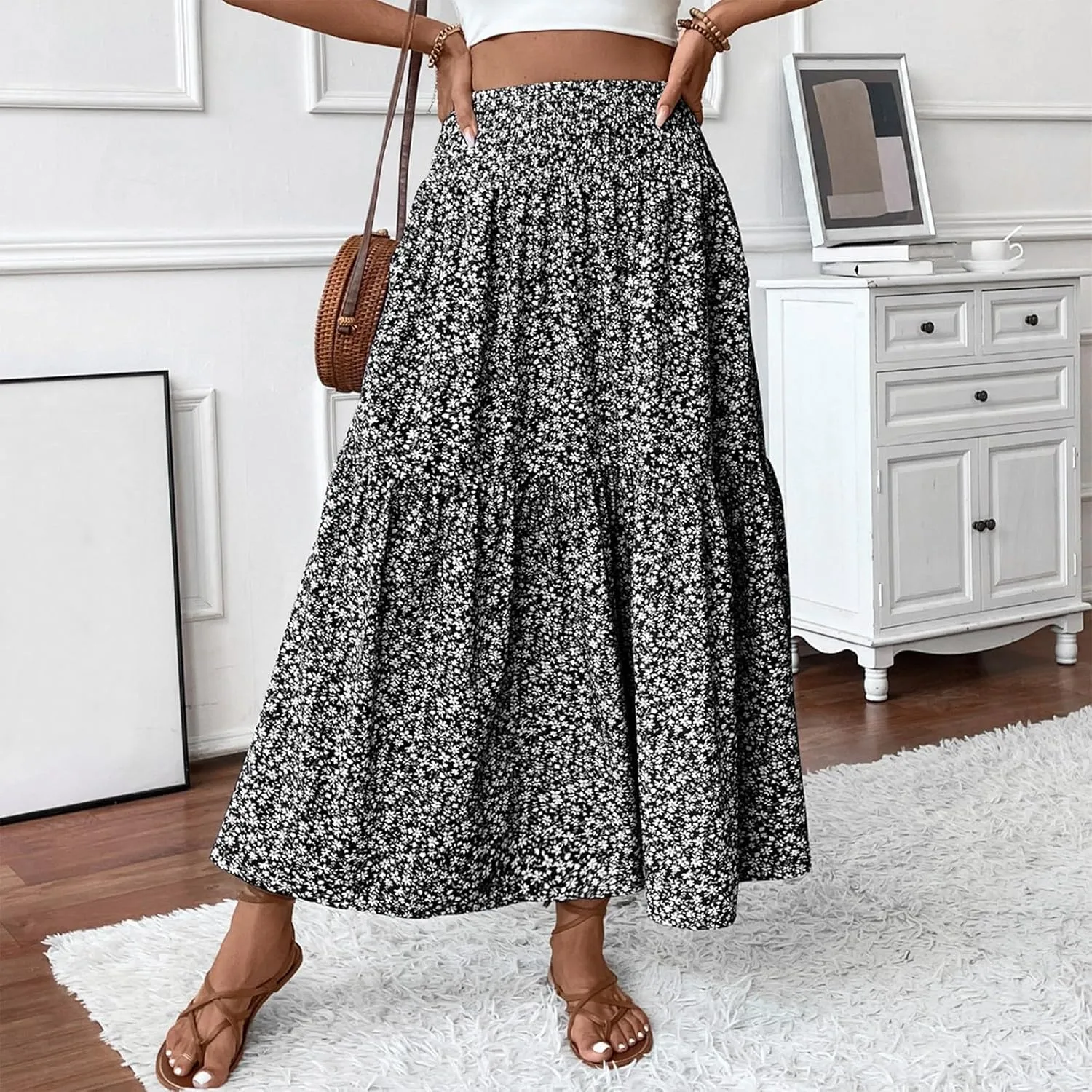 Summer Skirts for Women 2025 Vacation Ditsy Floral Tiered Maxi Skirt Boho Smocked High Waist A Line Skirt with Pocket