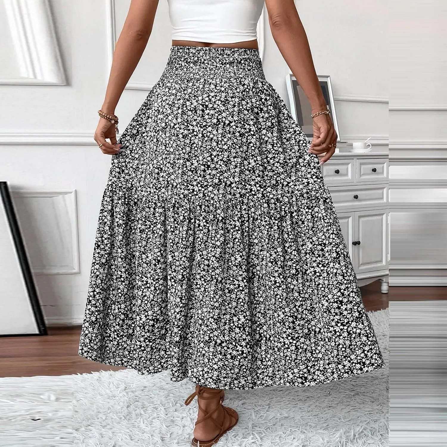Summer Skirts for Women 2025 Vacation Ditsy Floral Tiered Maxi Skirt Boho Smocked High Waist A Line Skirt with Pocket