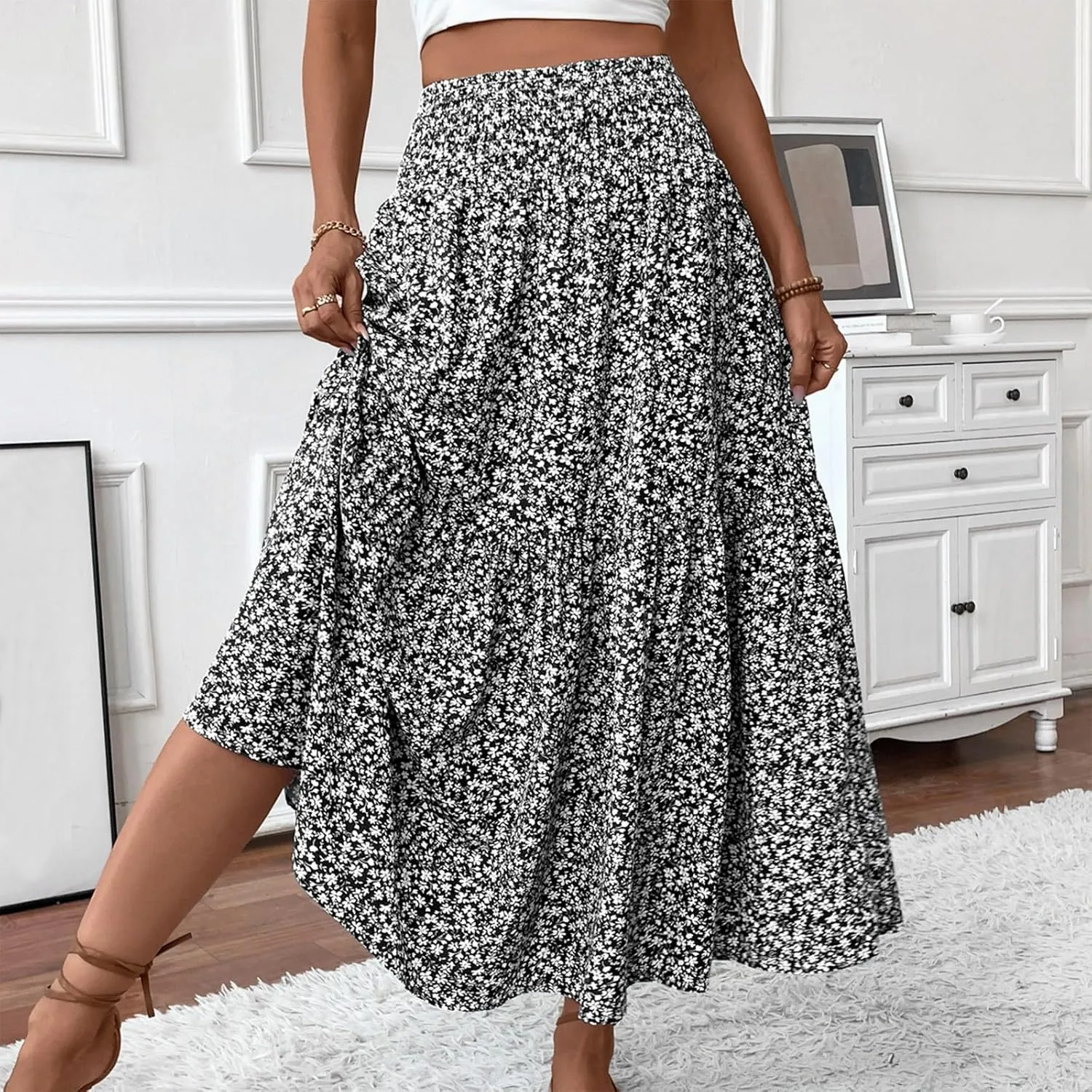 Summer Skirts for Women 2025 Vacation Ditsy Floral Tiered Maxi Skirt Boho Smocked High Waist A Line Skirt with Pocket