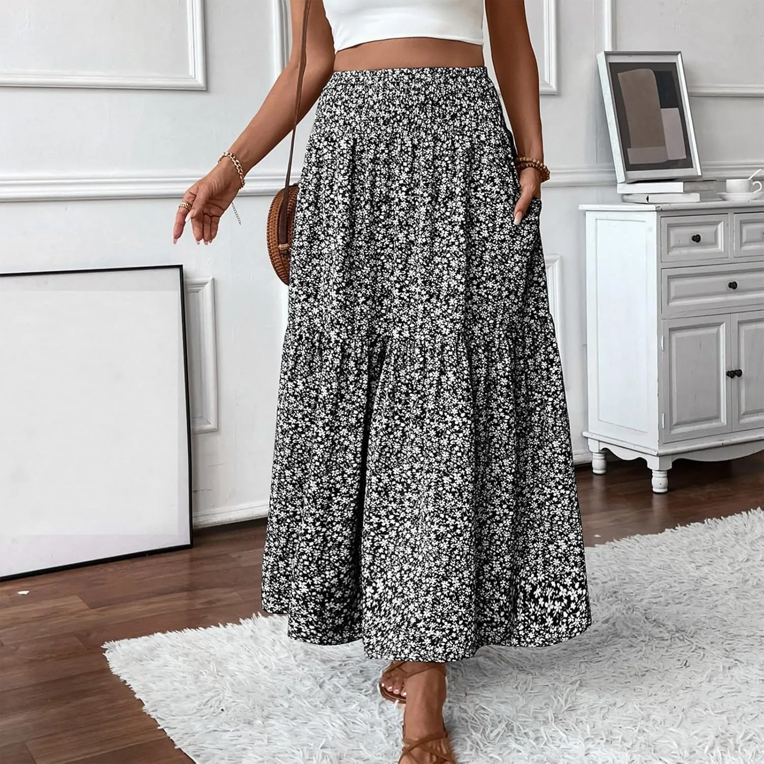 Summer Skirts for Women 2025 Vacation Ditsy Floral Tiered Maxi Skirt Boho Smocked High Waist A Line Skirt with Pocket