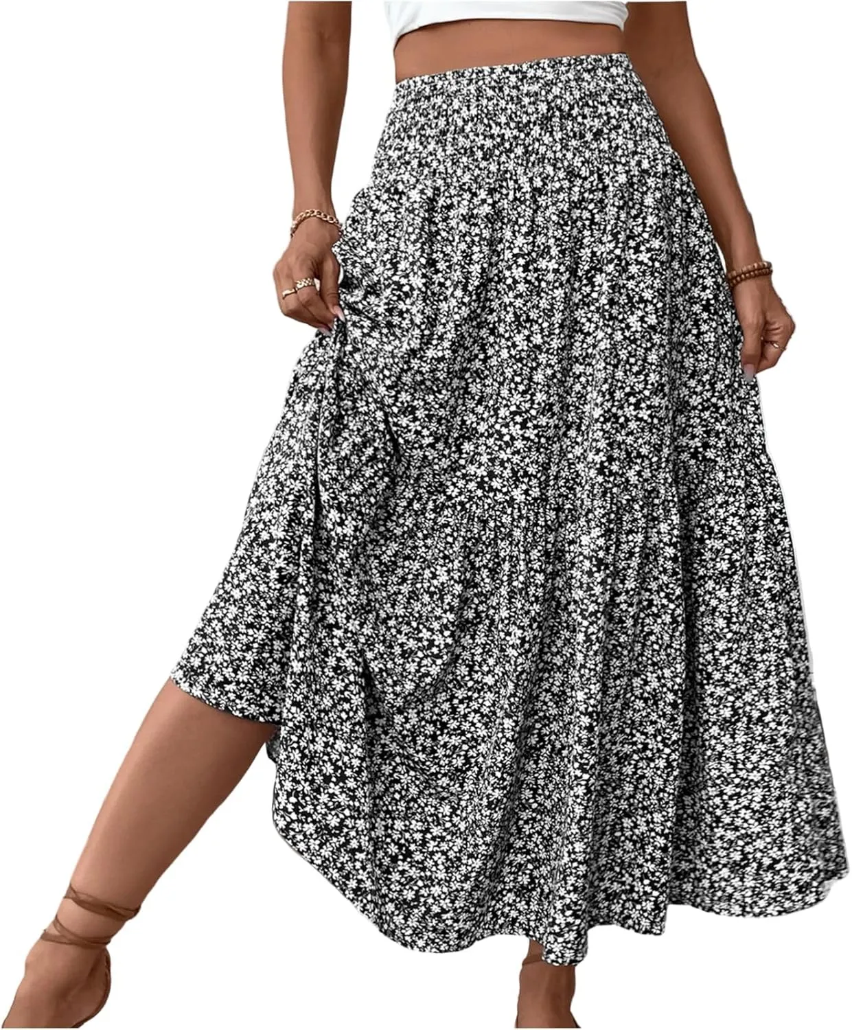 Summer Skirts for Women 2025 Vacation Ditsy Floral Tiered Maxi Skirt Boho Smocked High Waist A Line Skirt with Pocket