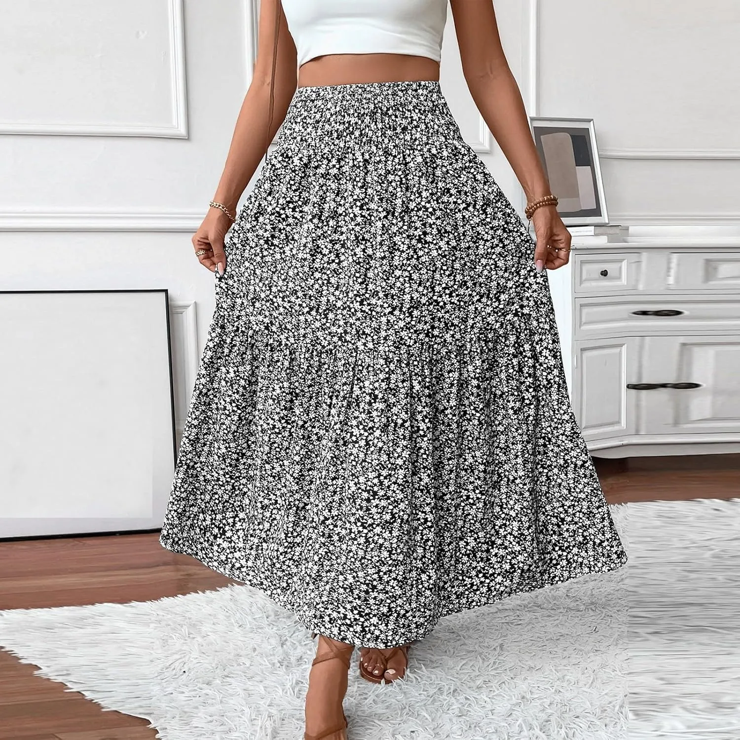 Summer Skirts for Women 2025 Vacation Ditsy Floral Tiered Maxi Skirt Boho Smocked High Waist A Line Skirt with Pocket