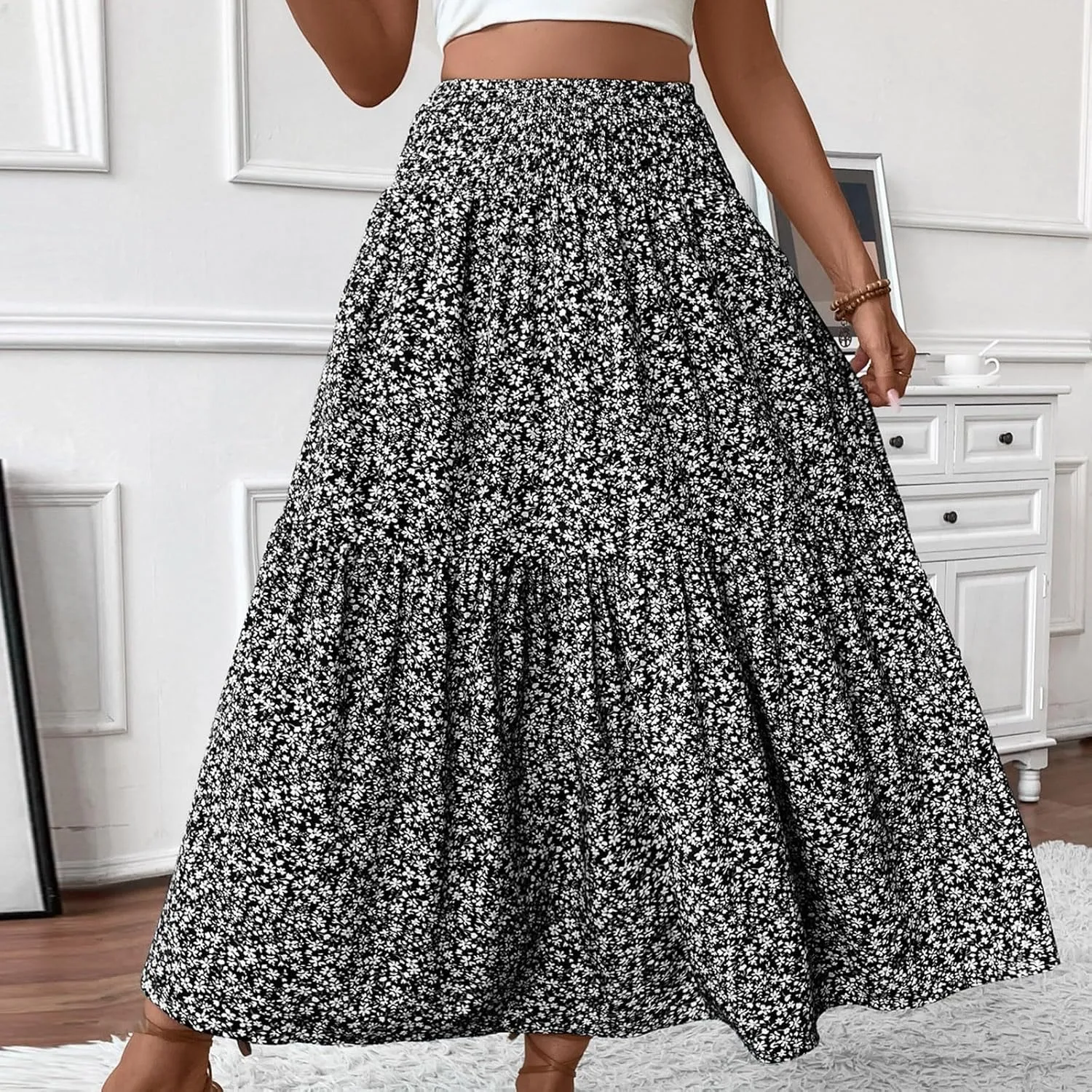 Summer Skirts for Women 2025 Vacation Ditsy Floral Tiered Maxi Skirt Boho Smocked High Waist A Line Skirt with Pocket