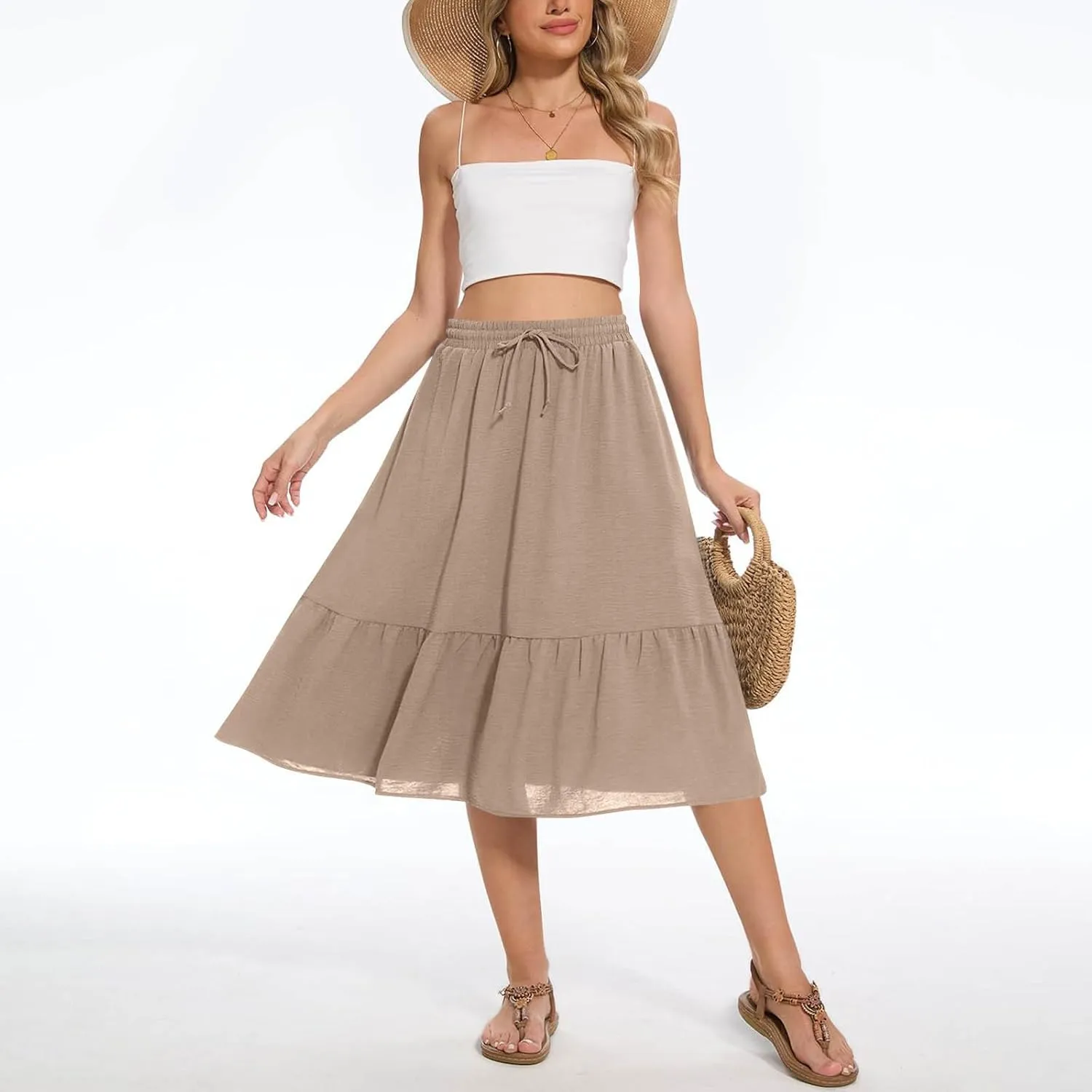 Summer Skirts for Women Trendy with Pockets Drawstring High Waisted Lightweight Casual Tiered Flowy A-Line Midi Skirt