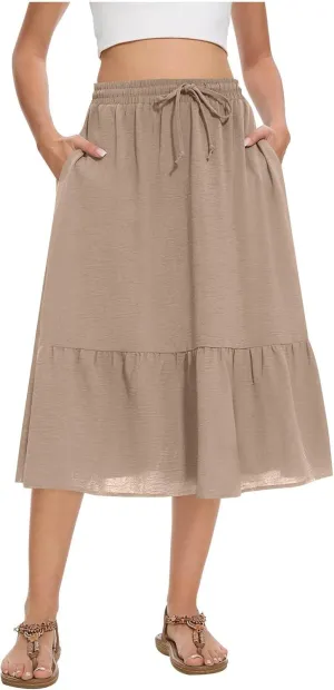 Summer Skirts for Women Trendy with Pockets Drawstring High Waisted Lightweight Casual Tiered Flowy A-Line Midi Skirt