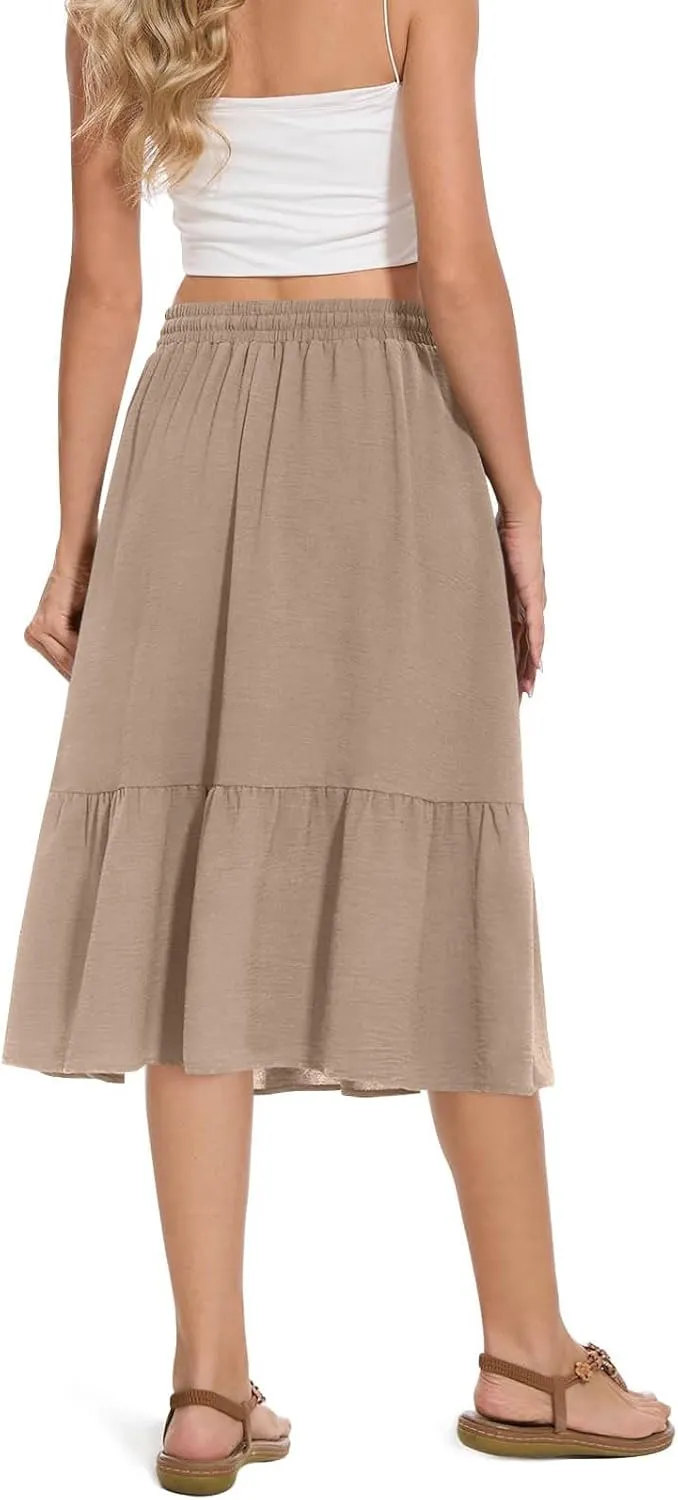 Summer Skirts for Women Trendy with Pockets Drawstring High Waisted Lightweight Casual Tiered Flowy A-Line Midi Skirt