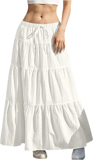 Tiered Long Skirts for Women Summer Vacation A-Line Pleated Skirt Drawstring High Waisted Flowy Swing Solid Maxi Skirts