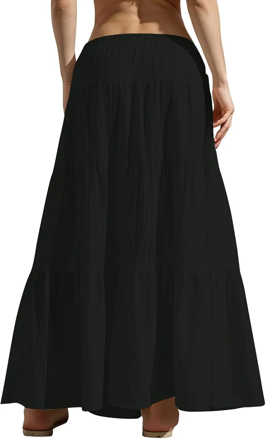 Tiered Long Skirts for Women Summer Vacation A-Line Pleated Skirt Drawstring High Waisted Flowy Swing Solid Maxi Skirts