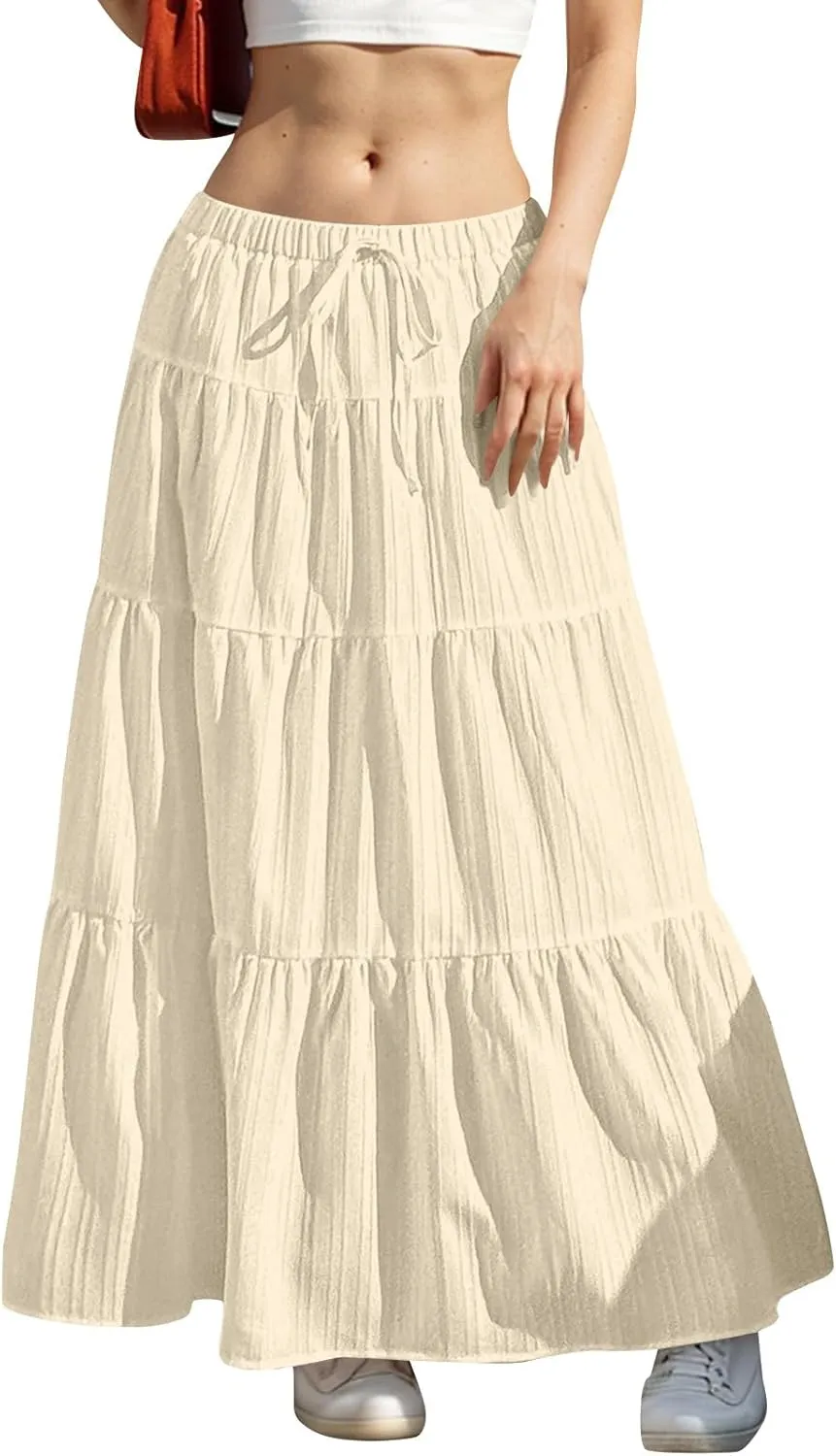 Tiered Long Skirts for Women Summer Vacation A-Line Pleated Skirt Drawstring High Waisted Flowy Swing Solid Maxi Skirts