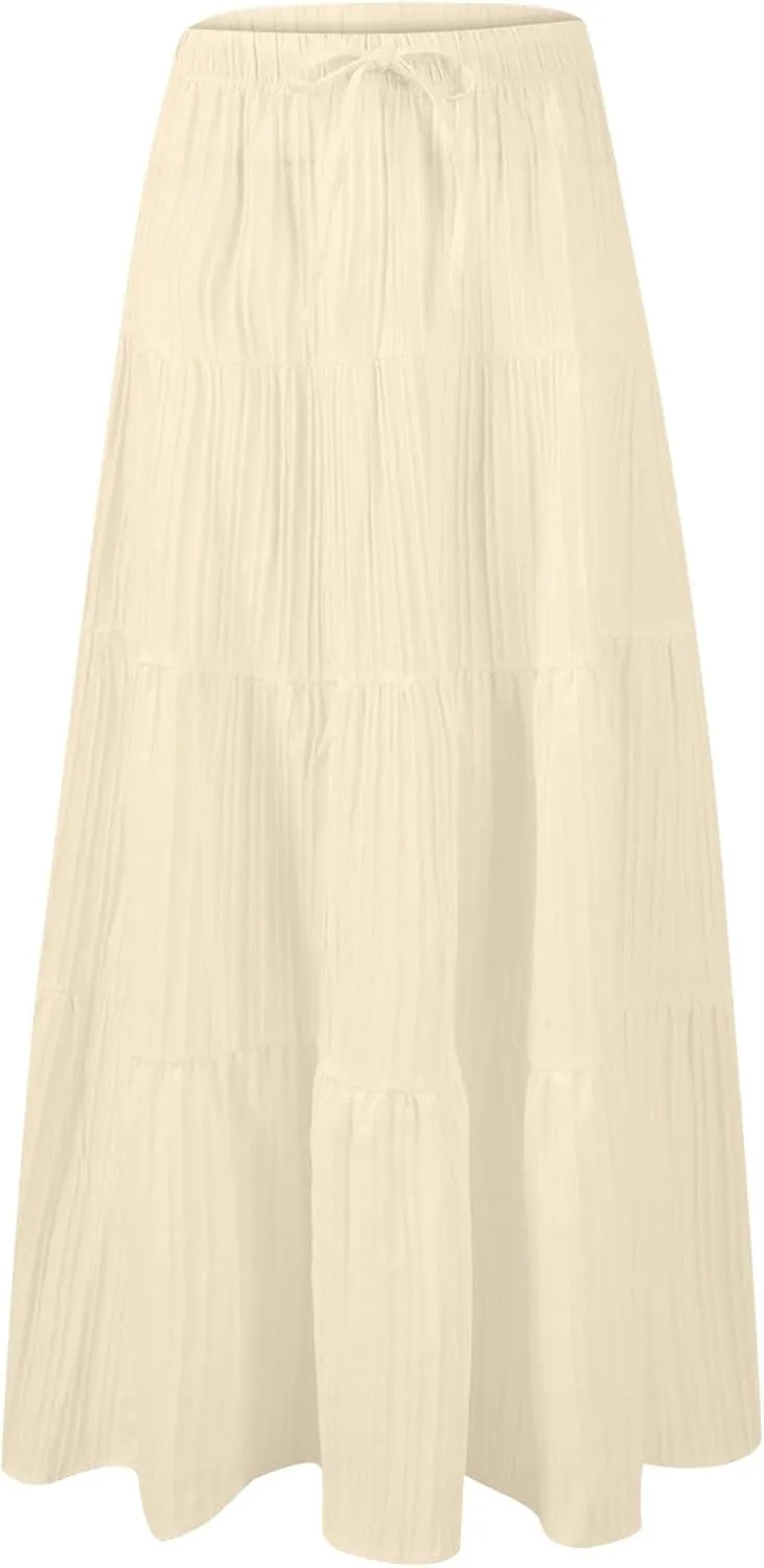 Tiered Long Skirts for Women Summer Vacation A-Line Pleated Skirt Drawstring High Waisted Flowy Swing Solid Maxi Skirts