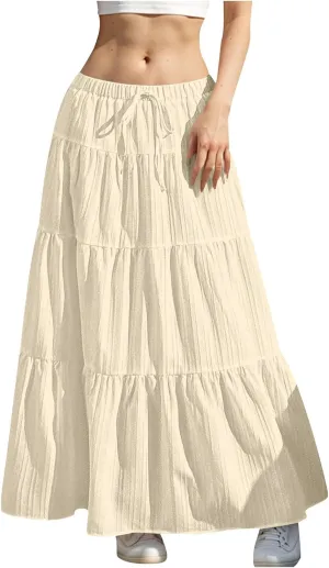 Tiered Long Skirts for Women Summer Vacation A-Line Pleated Skirt Drawstring High Waisted Flowy Swing Solid Maxi Skirts