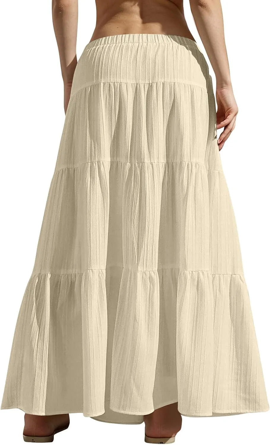 Tiered Long Skirts for Women Summer Vacation A-Line Pleated Skirt Drawstring High Waisted Flowy Swing Solid Maxi Skirts