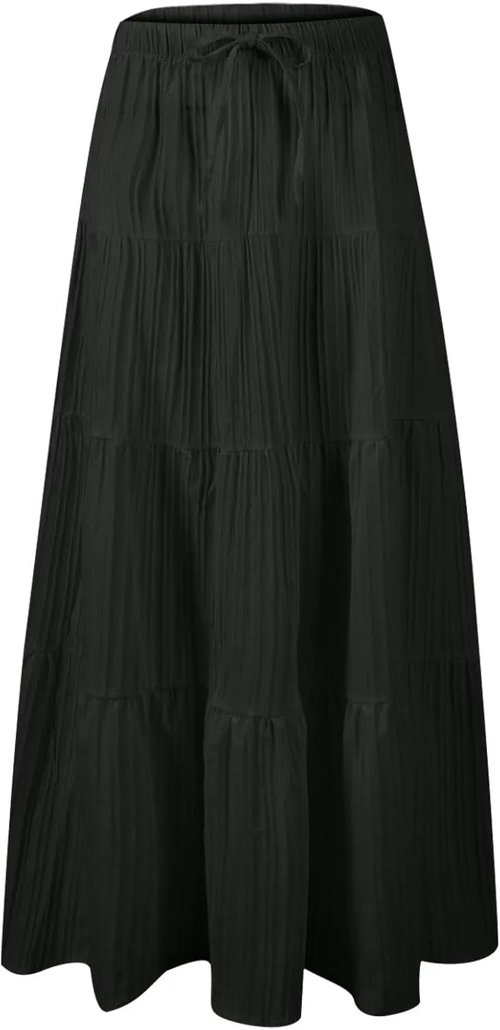 Tiered Long Skirts for Women Summer Vacation A-Line Pleated Skirt Drawstring High Waisted Flowy Swing Solid Maxi Skirts