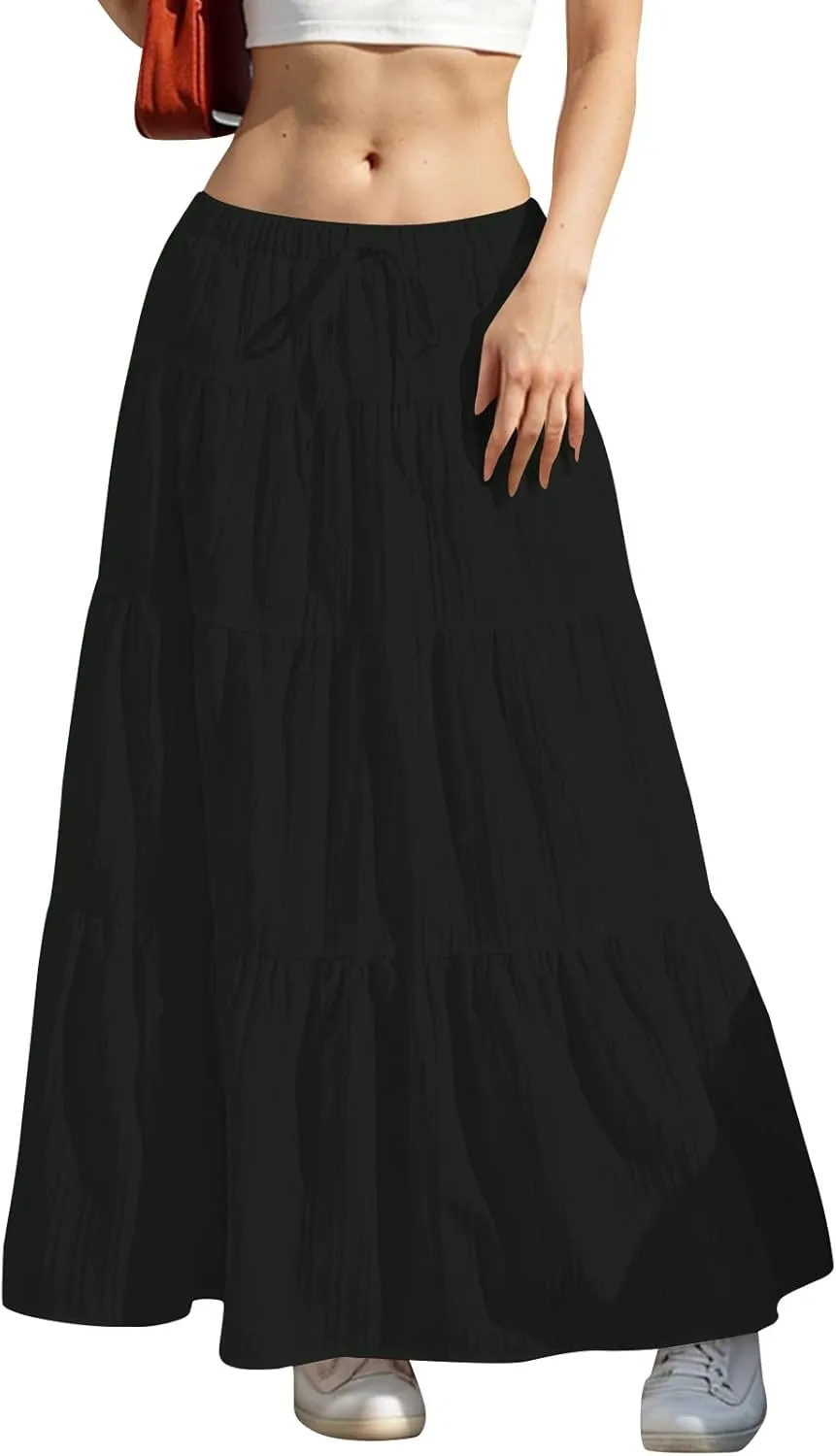 Tiered Long Skirts for Women Summer Vacation A-Line Pleated Skirt Drawstring High Waisted Flowy Swing Solid Maxi Skirts