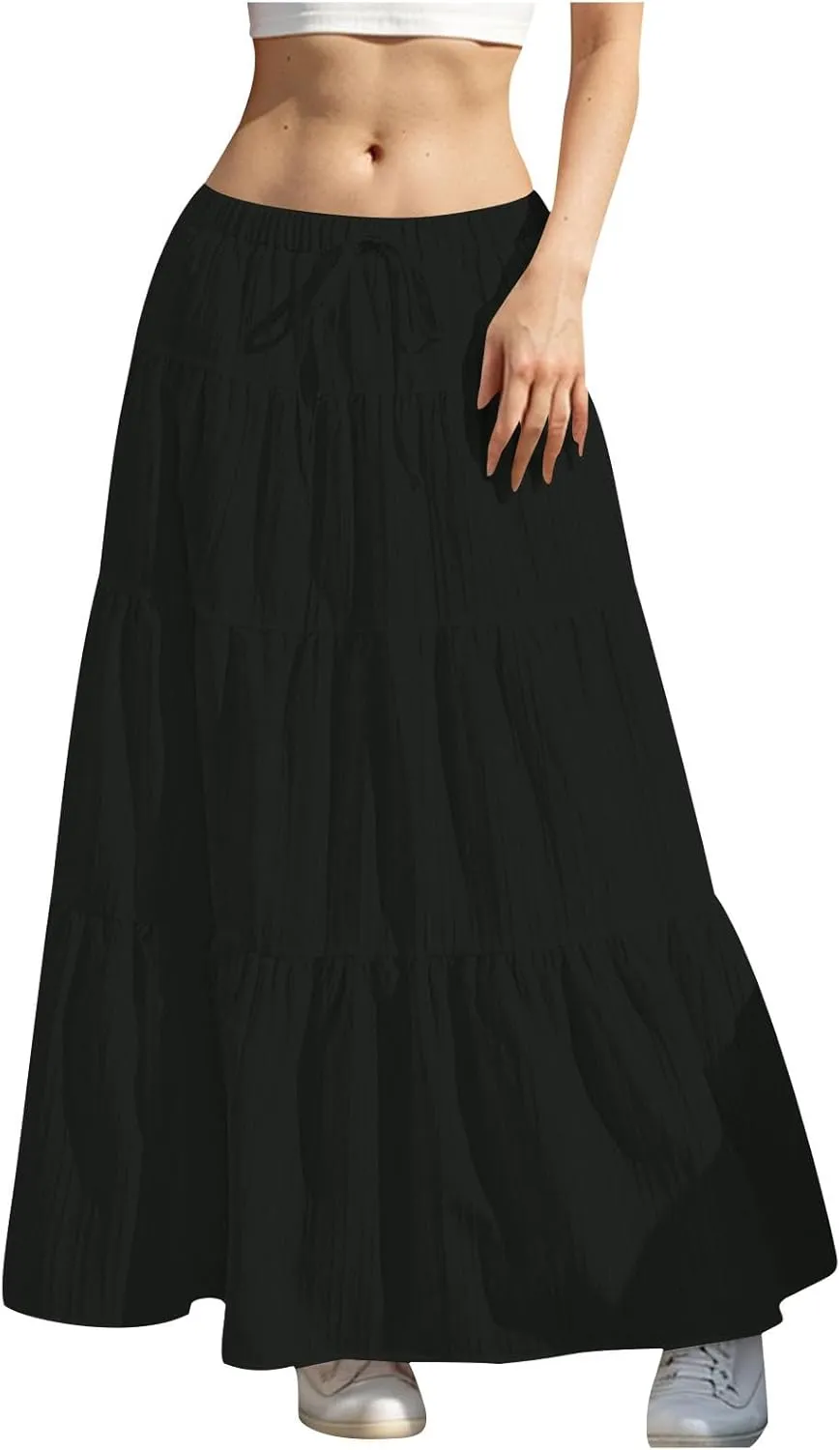 Tiered Long Skirts for Women Summer Vacation A-Line Pleated Skirt Drawstring High Waisted Flowy Swing Solid Maxi Skirts