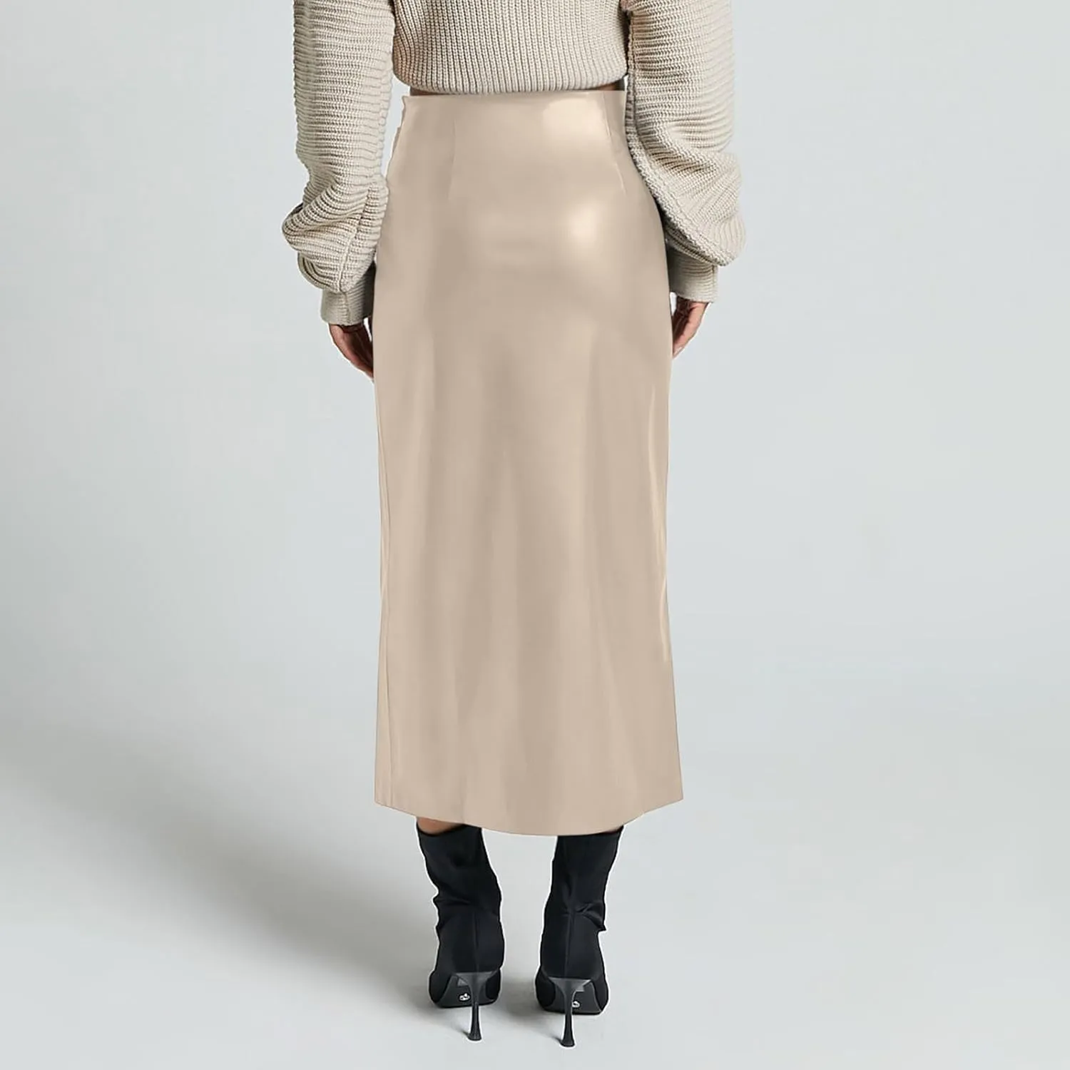 Women Fashion Leather Skirts Sexy High Rise Zipper Side Slit Wrap Midi Long Skirts Summer Causal Solid Ball Skirt