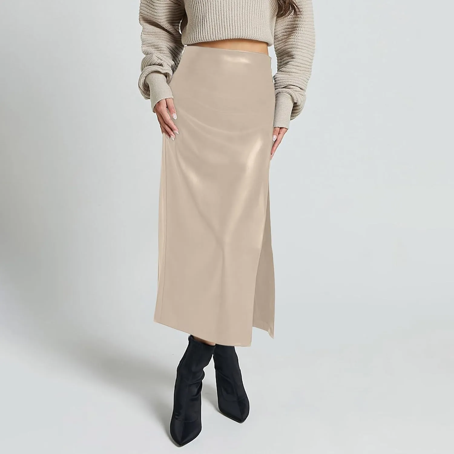 Women Fashion Leather Skirts Sexy High Rise Zipper Side Slit Wrap Midi Long Skirts Summer Causal Solid Ball Skirt