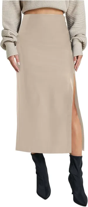 Women Fashion Leather Skirts Sexy High Rise Zipper Side Slit Wrap Midi Long Skirts Summer Causal Solid Ball Skirt