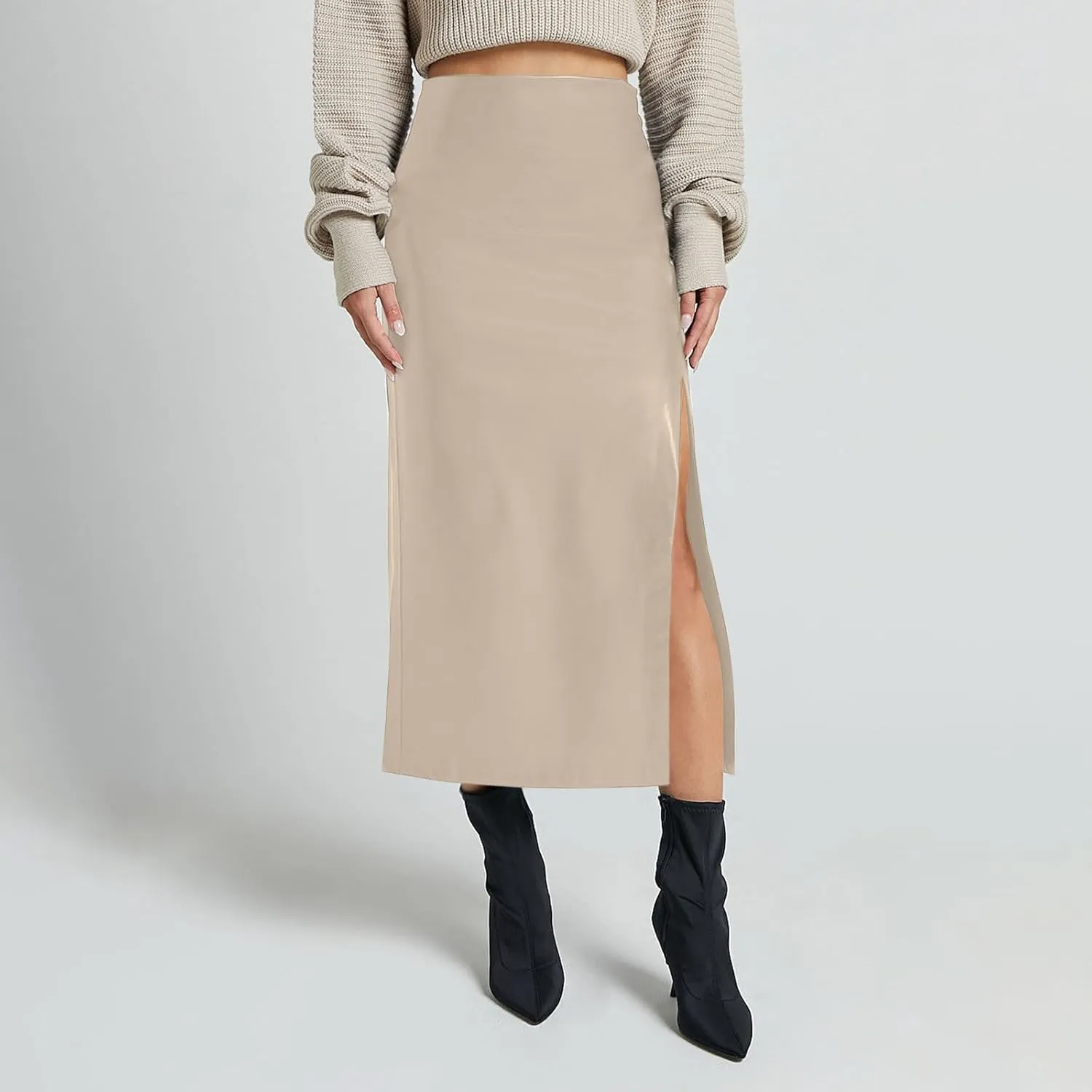Women Fashion Leather Skirts Sexy High Rise Zipper Side Slit Wrap Midi Long Skirts Summer Causal Solid Ball Skirt