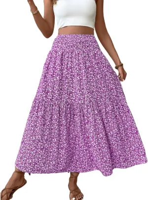 Women Flowy Long Skirts Pleated Elastic High Waisted Floral Maxi Skirts Summer Casual Boho Ruffle A-Line Beach Outfits