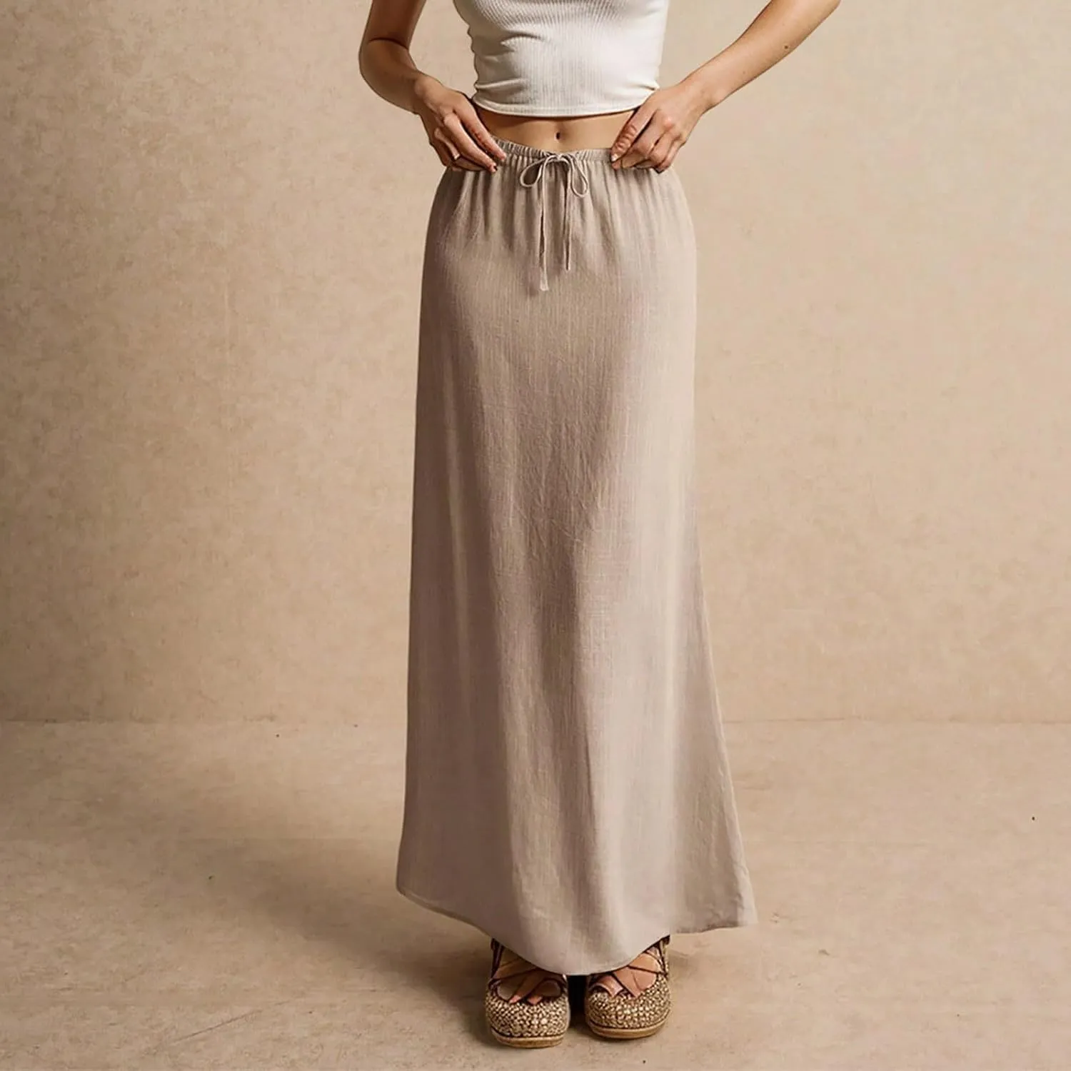 Women's Boho Skirts Linen Flared Maxi Skirt with Back Slit-Elastic Waist Drawstring Long Flowy Skirt, S-2XL