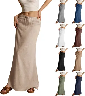 Women's Boho Skirts Linen Flared Maxi Skirt with Back Slit-Elastic Waist Drawstring Long Flowy Skirt, S-2XL