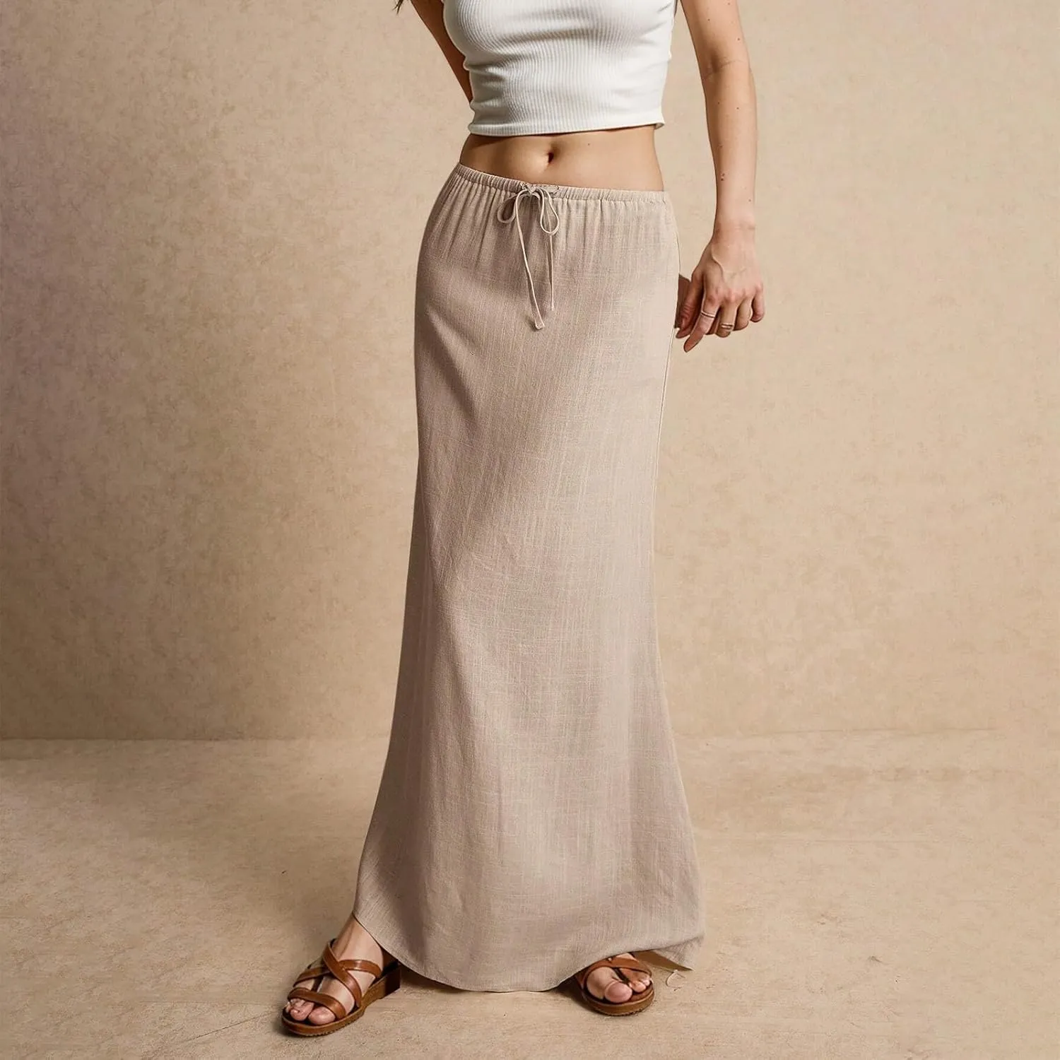 Women's Boho Skirts Linen Flared Maxi Skirt with Back Slit-Elastic Waist Drawstring Long Flowy Skirt, S-2XL