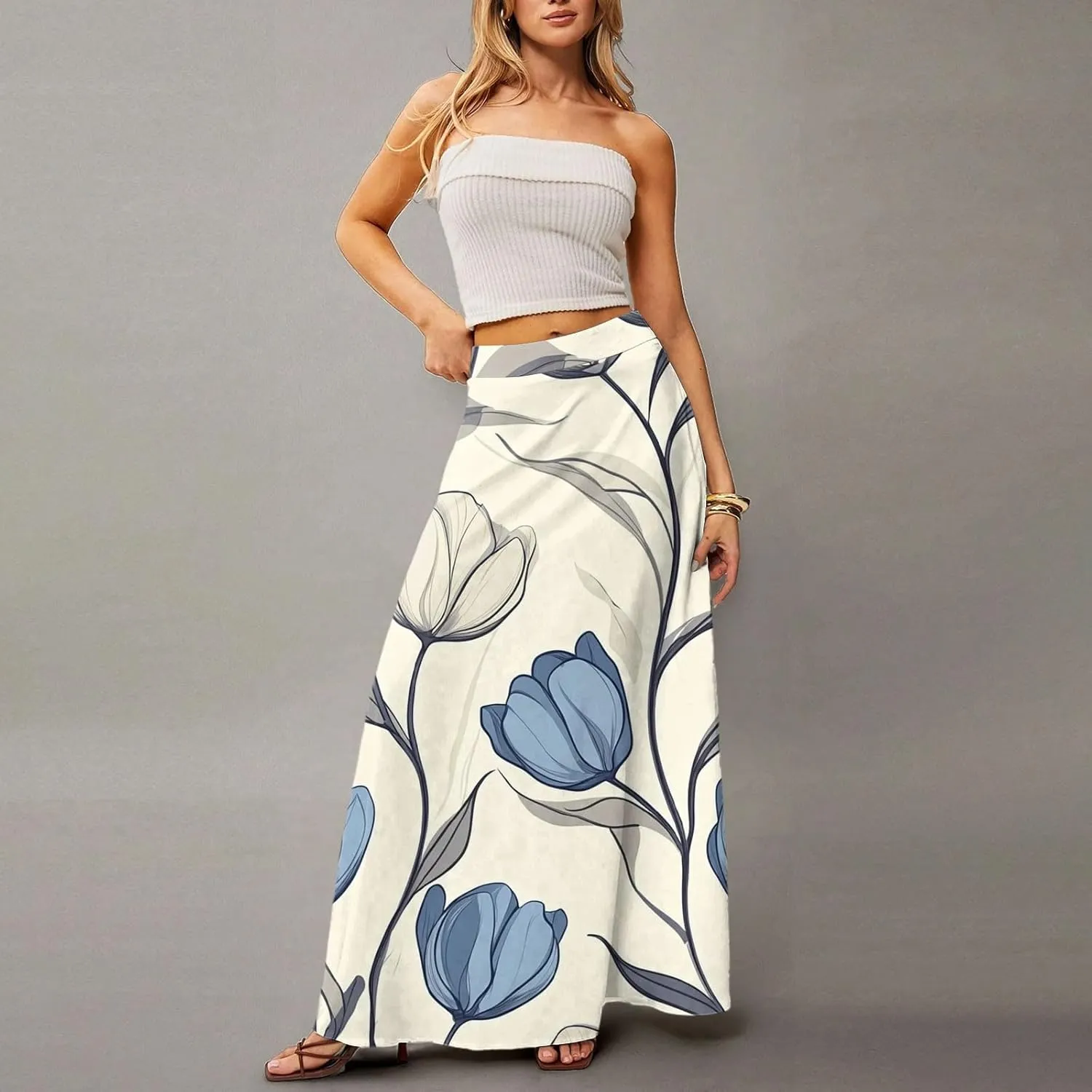 Women's Concert Outfits Skirt Casual Elastic High Waist Maxi Skirts Flowy A Line Beach Sundresses, S-2XL
