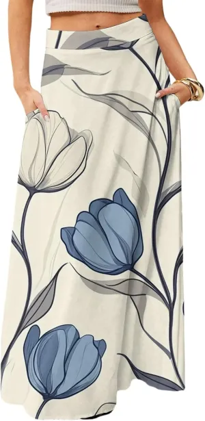 Women's Concert Outfits Skirt Casual Elastic High Waist Maxi Skirts Flowy A Line Beach Sundresses, S-2XL