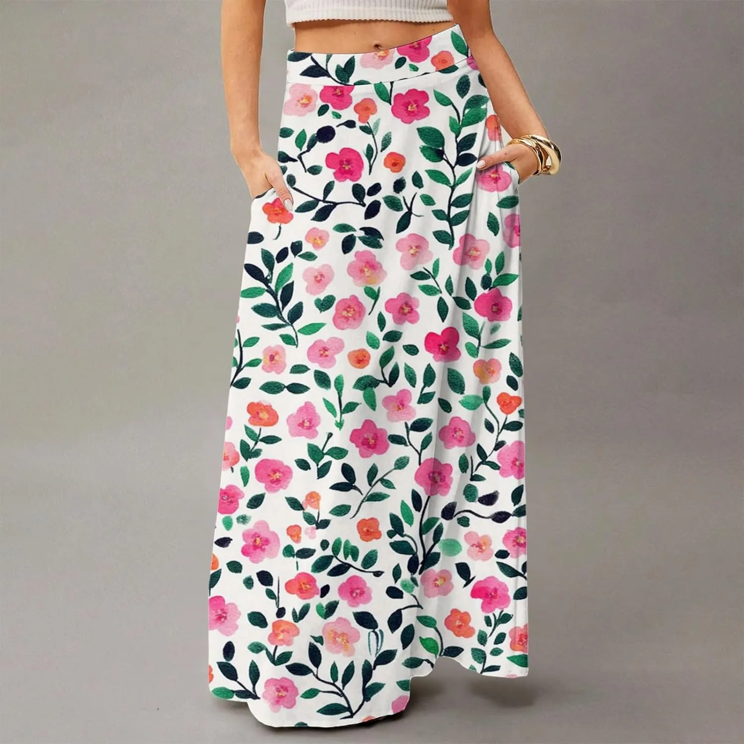 Women's Concert Outfits Skirt Casual Elastic High Waist Maxi Skirts Flowy A Line Beach Sundresses, S-2XL