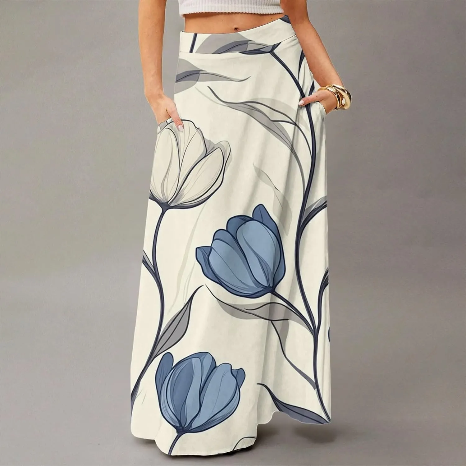 Women's Concert Outfits Skirt Casual Elastic High Waist Maxi Skirts Flowy A Line Beach Sundresses, S-2XL