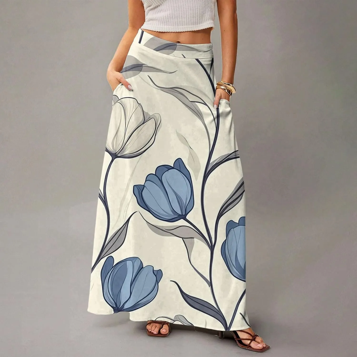 Women's Concert Outfits Skirt Casual Elastic High Waist Maxi Skirts Flowy A Line Beach Sundresses, S-2XL