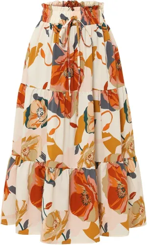 Women's Elastic High Waist Skirts Pleated Floral Print A-Line Midi Skirt Boho Casual Tiered Beach Vacation Party Skirt